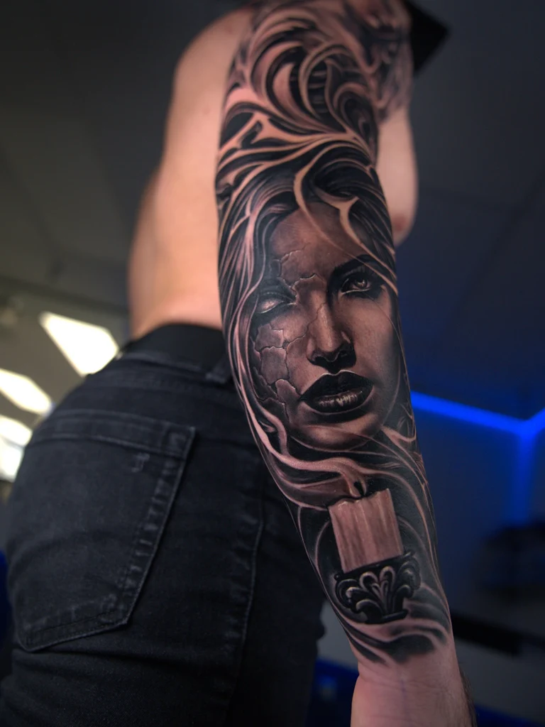 Custom black and grey tattoo by Fernie